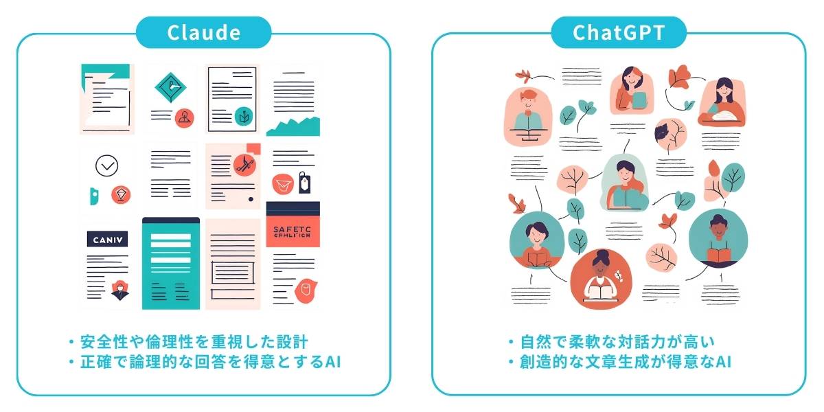 Claudeは安全性や倫理性を重視した設計で、正確で論理的な回答を得意とするAI。ChatGPTは自然で柔軟な対話力が高く、幅広い用途で創造的な文章生成が得意なAI