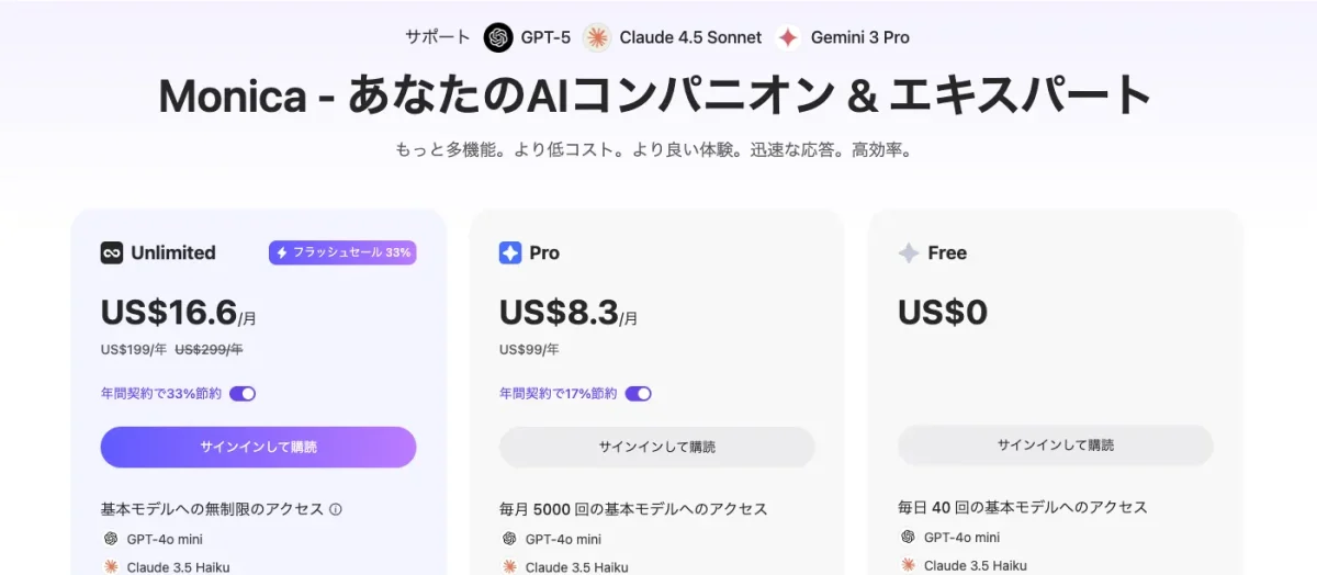 Monica AIの料金プラン